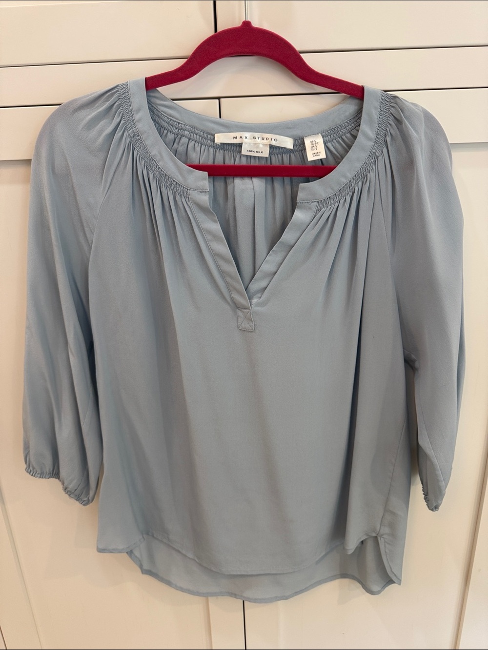 Max Studio Pale Blue Split-Neck Silk Peasant Top